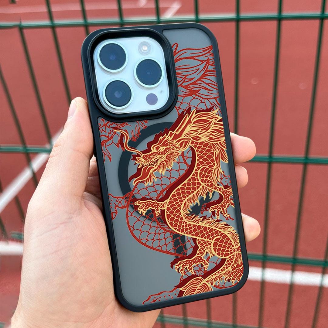 Red Dragon Aesthetic iPhone 16 Pro Max Case, Oriental Art Phone Cover for iPhone 15 with MagSafe, Custom Mythical Design Case