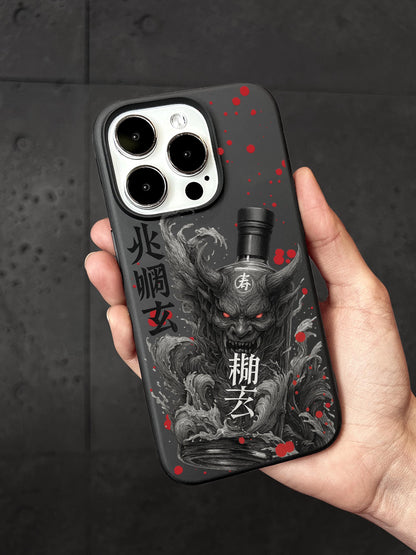 A person is holding a phone case with a design featuring a skull and a bottle of alcohol.