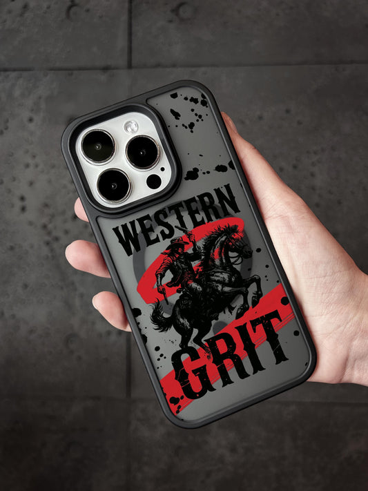 A hand holding a phone case with a graphic design featuring a cowboy on a horse and the text &quot;WESTERN GRIT&quot; printed on it.
