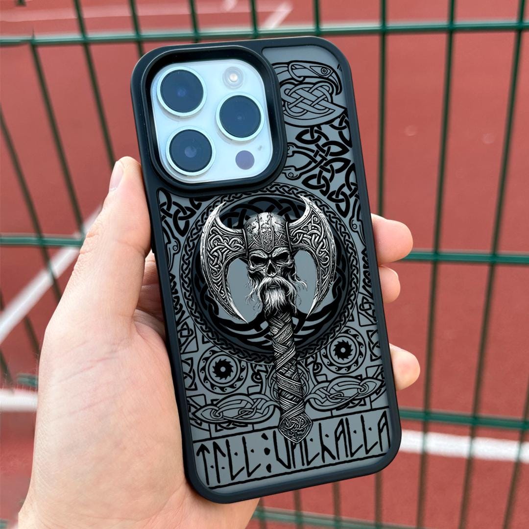 Viking Skull iPhone 16 Pro Max Case, Norse Axe Phone Cover for iPhone 15 with MagSafe, Celtic Warrior Custom Case Samsung S24 FE S25