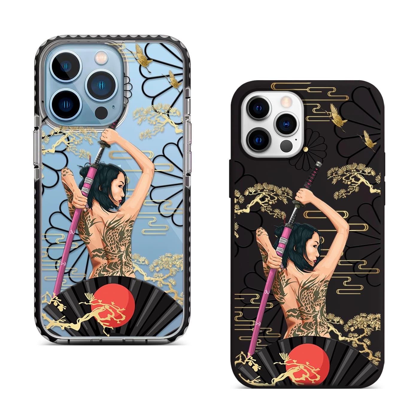 Samurai Tattoo Girl iPhone 16 Pro Max Case, Katana Art Phone Cover for iPhone 15 with MagSafe, Custom Warrior Design Case Samsung S24 FE S25