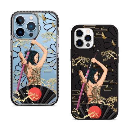 Samurai Tattoo Girl iPhone 16 Pro Max Case, Katana Art Phone Cover for iPhone 15 with MagSafe, Custom Warrior Design Case Samsung S24 FE S25