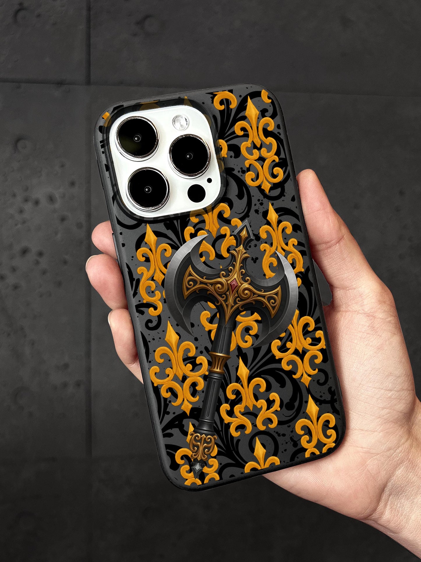 Golden Battle Axe iPhone 16 Pro Max Case, Medieval Weapon Warrior Phone Cover for iPhone 15 with MagSafe Samsung S24 FE S25