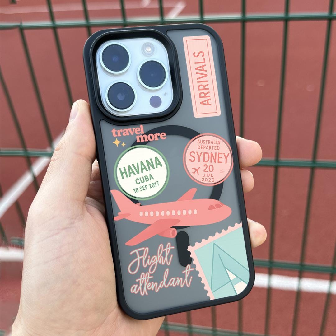 Travel More Flight Attendant iPhone 16 Pro Max Case, Wanderlust Passport Stamp Phone Cover for iPhone 15 with MagSafe, Travel Lover case