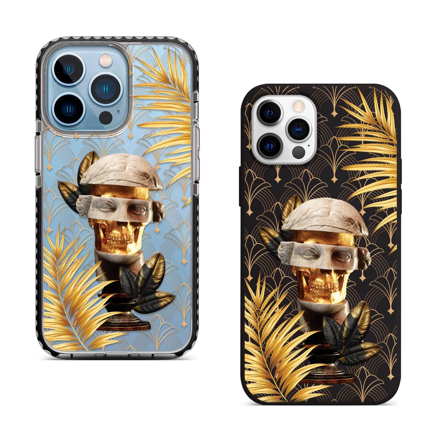 Golden Skull Statue iPhone 16 Pro Max Case, Abstract Roman Head Phone Cover for iPhone 15 with MagSafe, Baroque Bust Art Samsung S24 FE S25