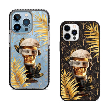 Golden Skull Statue iPhone 16 Pro Max Case, Abstract Roman Head Phone Cover for iPhone 15 with MagSafe, Baroque Bust Art Samsung S24 FE S25