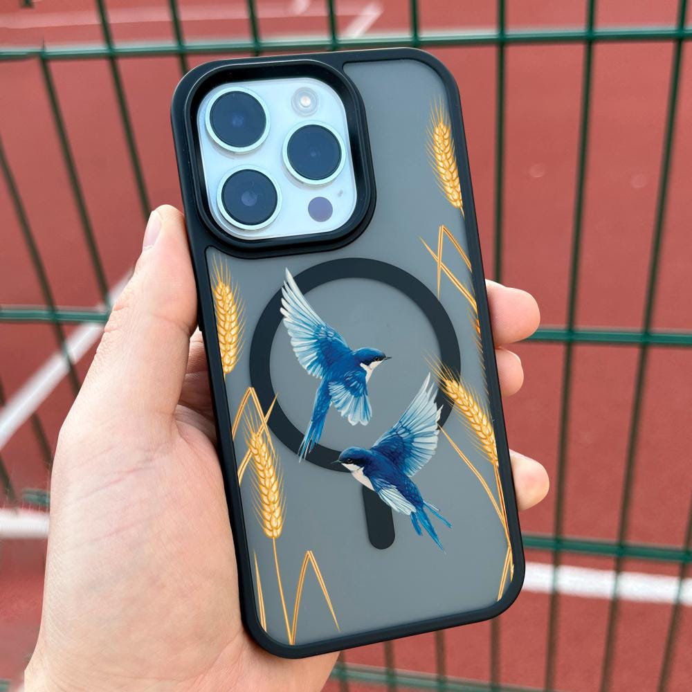 Blue Birds iPhone 16 Pro Max Case, Nature Art Phone Cover for iPhone 15 with MagSafe, Custom Wheat Design Case