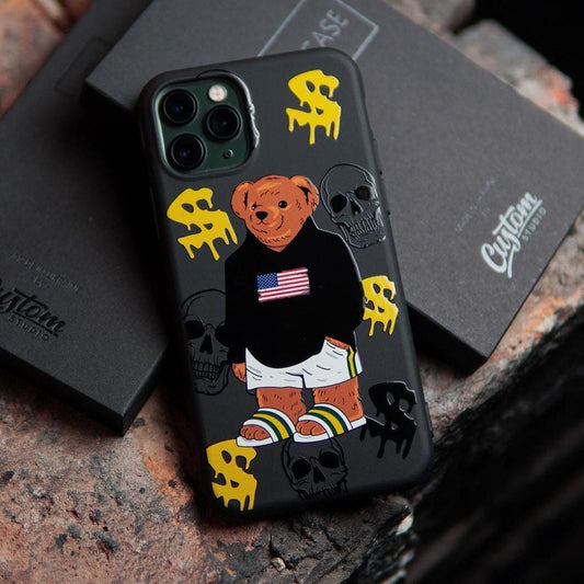 Streetwear Bear iPhone 16 Pro Max Case, Skull Dollar Design Phone Cover for iPhone 15 with MagSafe, Urban Style Custom Case