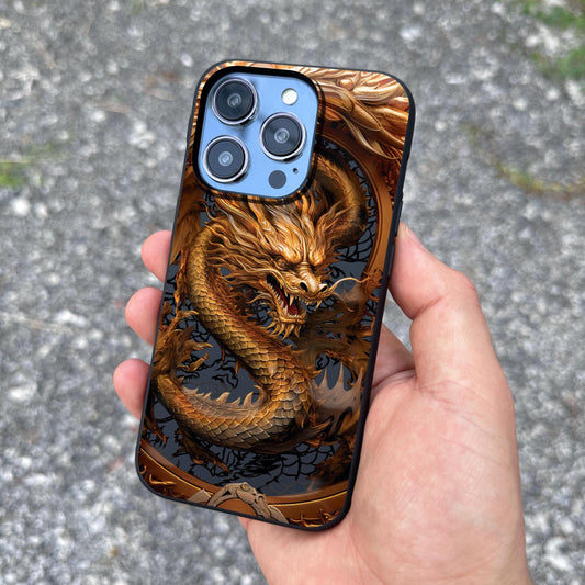 Gold Asian Dragon phone Case iPhone 16 Pro Max MagSafe Compatible, iPhone 15 Plus Leather Case with Dragon