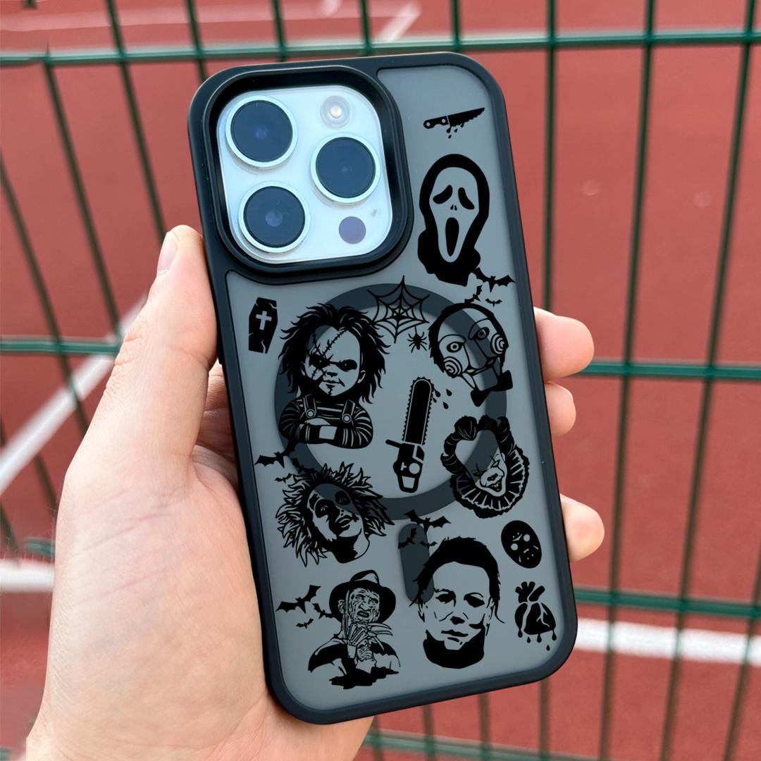 Horror Movie Villains iPhone 16 pro max Case, Scary Movie Phone Cover for iPhone 15 with MagSafe, Spooky Halloween Custom Case