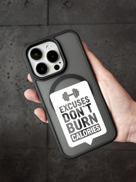 A person&#39;s hand holding a black phone case with a motivational quote on it.