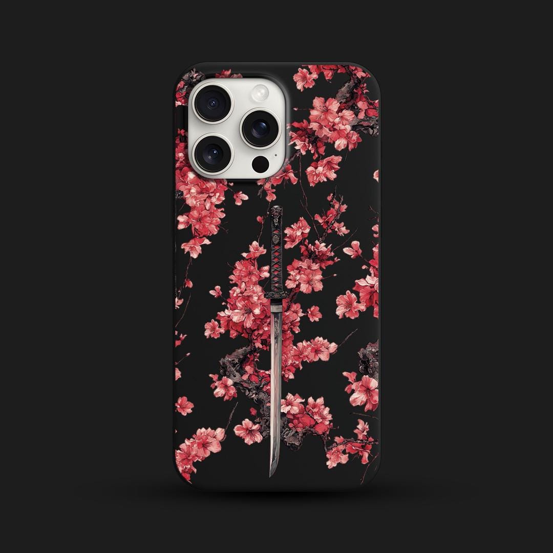 Samurai Sakura Sword iPhone 16 pro max Case, Japanese Art Phone Cover for iPhone 15 with MagSafe, Cherry Blossom Custom Case