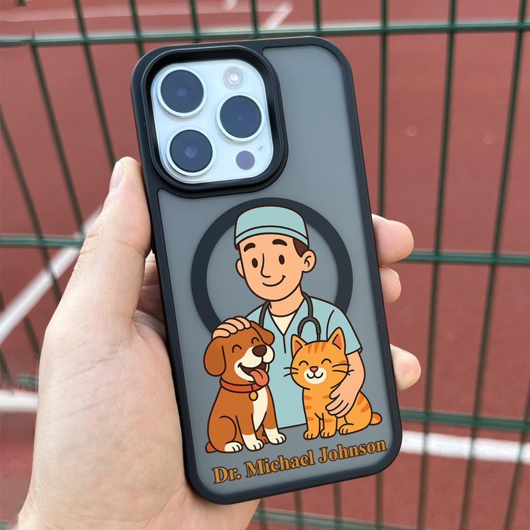 Cartoon Vet iPhone 16 Pro Max Case, Pet Doctor Phone Cover for iPhone 15 with MagSafe, Personalized Veterinarian Gift Case