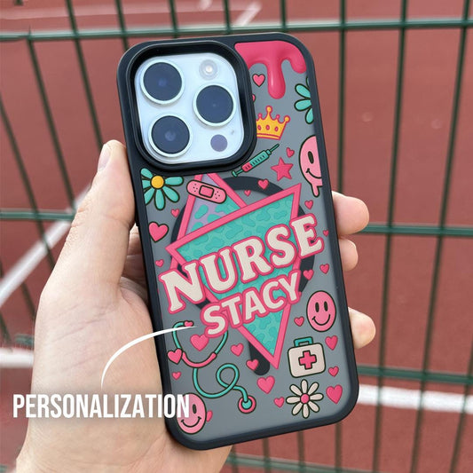 Cute Nurse iPhone 16 Pro Max Case, Personalized Nurse Name Phone Cover for iPhone 15 with MagSafe, Fun Medical Gift Custom Case