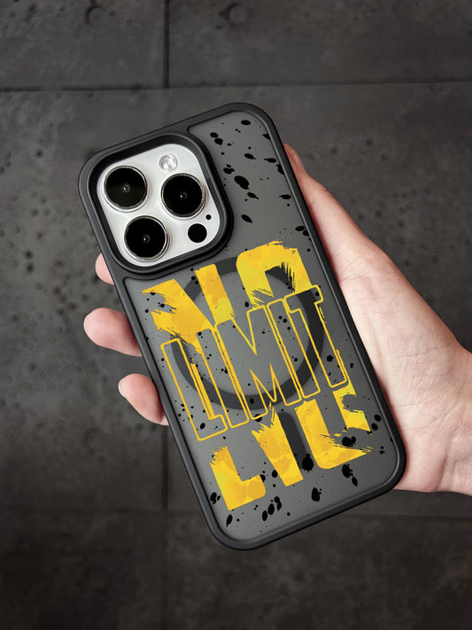 A hand holding a phone case with a black and yellow design featuring the word &quot;LIMIT&quot; in bold letters.
