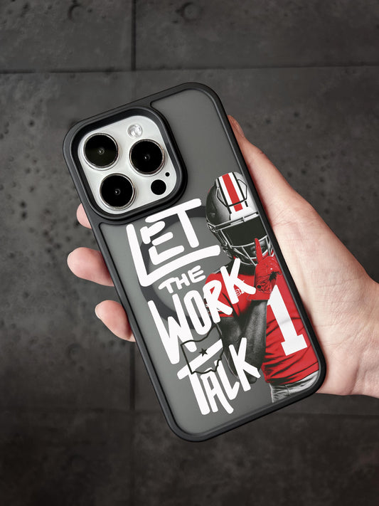 A person holding a phone case with a football player and the text &quot;LET THE WORK TALK&quot; printed on it.