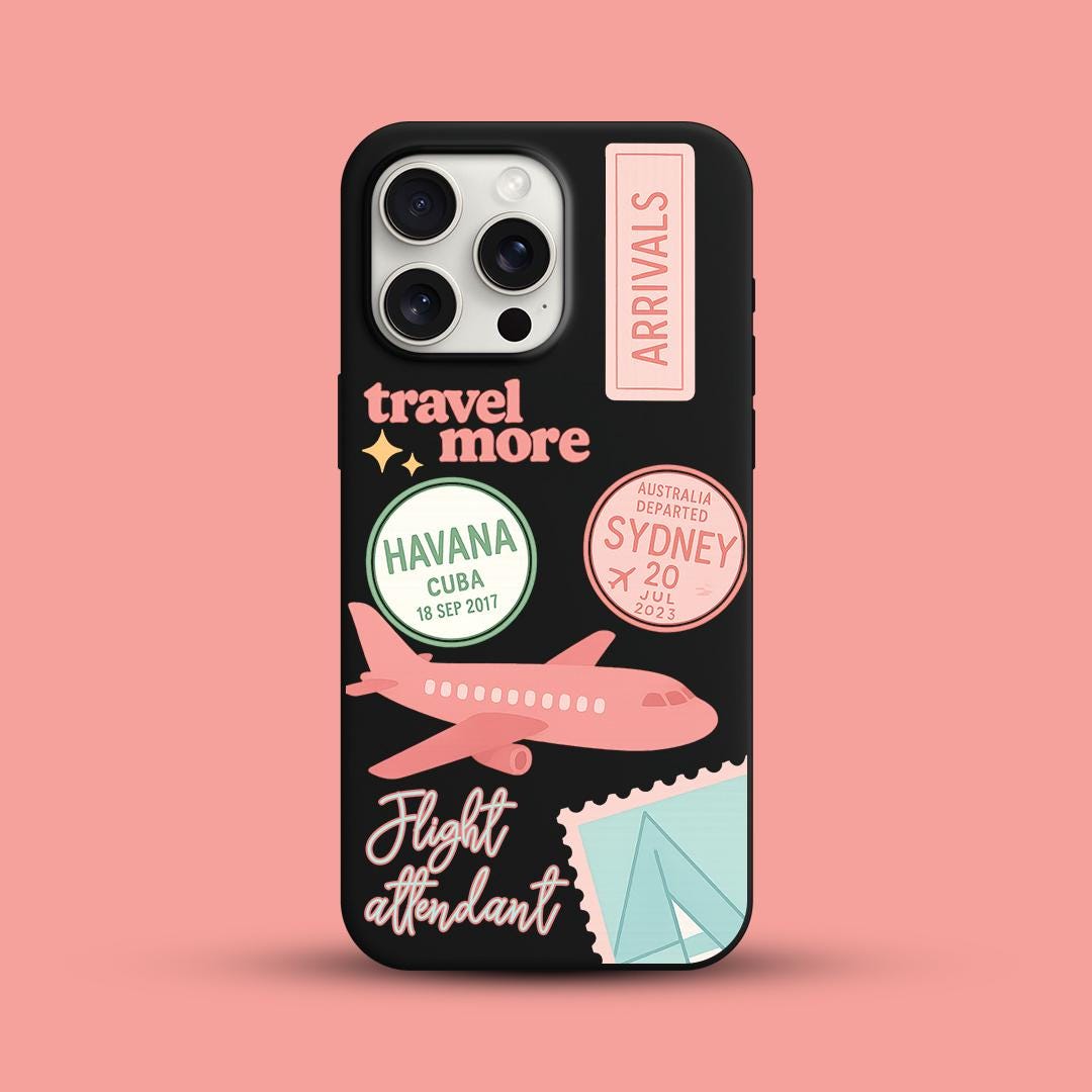 Travel More Flight Attendant iPhone 16 Pro Max Case, Wanderlust Passport Stamp Phone Cover for iPhone 15 with MagSafe, Travel Lover case