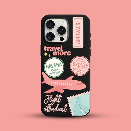 Travel More Flight Attendant iPhone 16 Pro Max Case, Wanderlust Passport Stamp Phone Cover for iPhone 15 with MagSafe, Travel Lover case