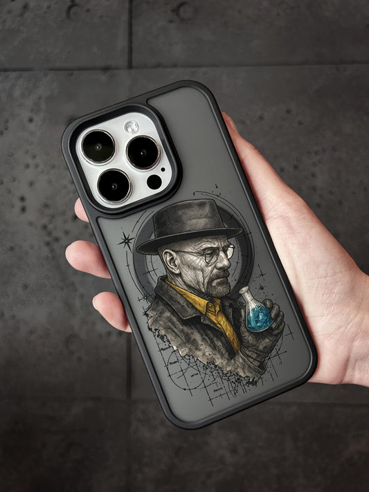 A person&#39;s hand holding a phone case featuring an illustration of a man wearing a hat and holding a blue object.
