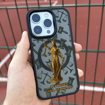 Golden Justice Lawyer iPhone 16 Pro Max Case, Personalized Attorney Name Phone Cover for iPhone 15 with MagSafe, Law Gift Custom Case