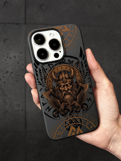 a hand holding a phone case with an image of a viking