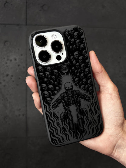 a person holding a black phone case with a skeleton on it