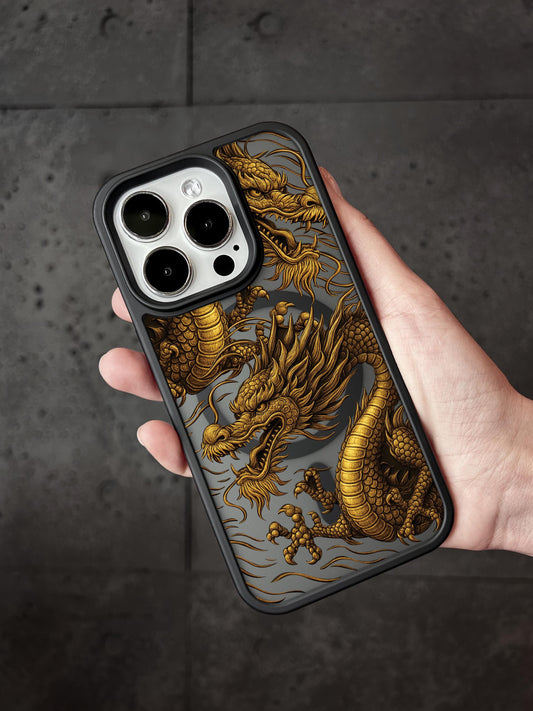 a hand holding a phone case with a golden dragon on it