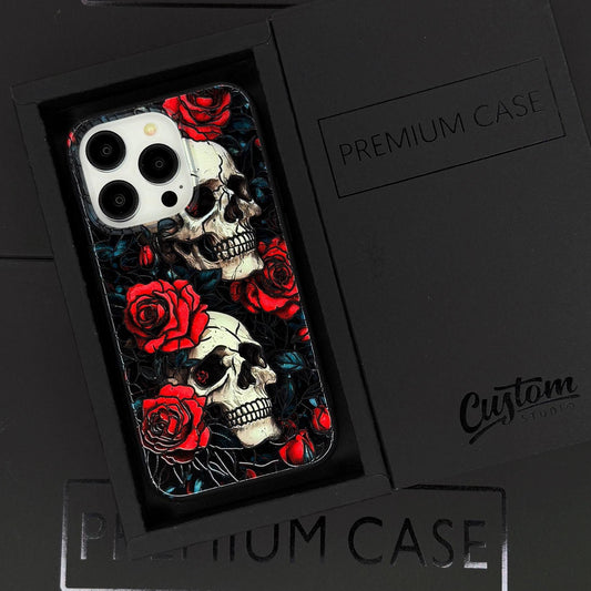 Skull Roses iPhone 16 Pro Max Case, Gothic Art Phone Cover for iPhone 15 with MagSafe, Dark Floral Custom Case