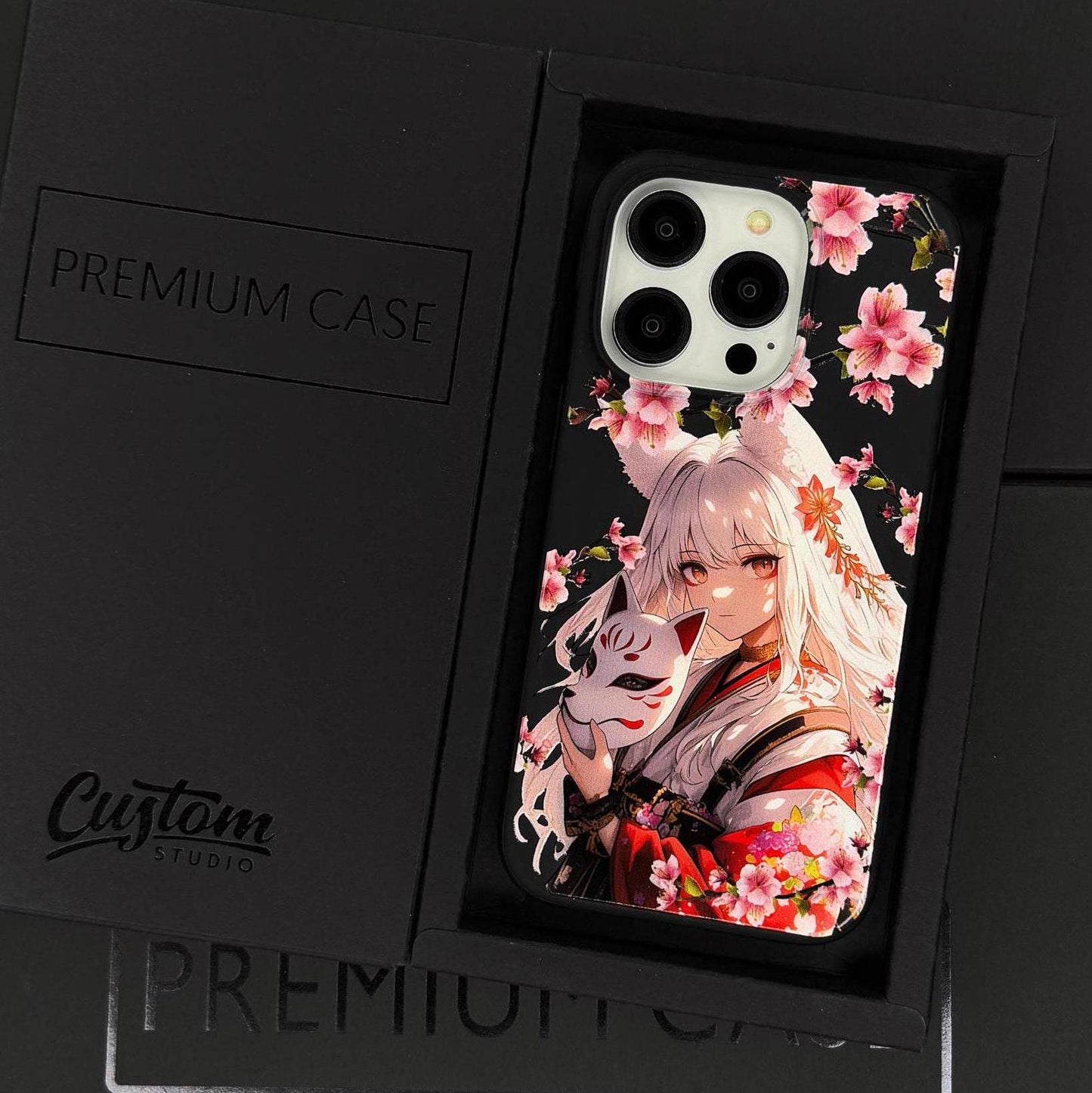 Fox Mask Girl iPhone 16 pro max Case, Sakura Art Phone Cover for iPhone 15 with MagSafe, Elegant Floral Anime Case Samsung S24 FE S25