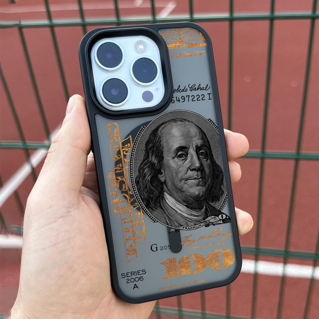 100 Dollar Bill iPhone 16 Pro Max Case One-Hundred-Dollar Bill MagSafe Compatible Silicone Case Benjamin Franklin iPhone Black Leather Case