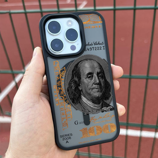 100 Dollar Bill iPhone 16 Pro Max Case One-Hundred-Dollar Bill MagSafe Compatible Silicone Case Benjamin Franklin iPhone Black Leather Case