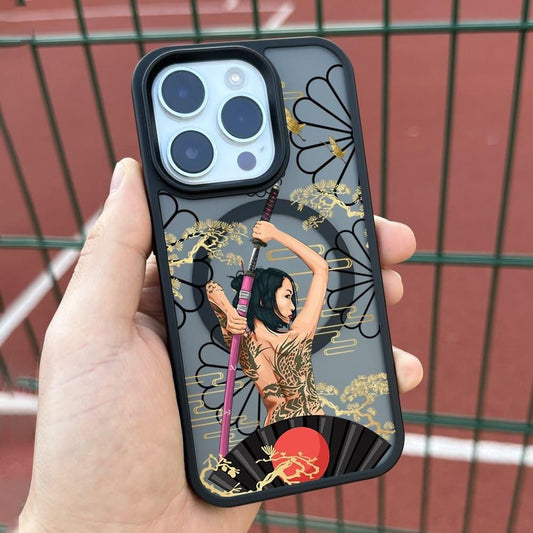 Samurai Tattoo Girl iPhone 16 Pro Max Case, Katana Art Phone Cover for iPhone 15 with MagSafe, Custom Warrior Design Case Samsung S24 FE S25