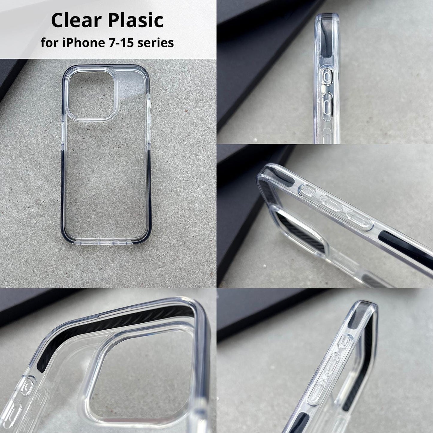 four photos of a clear plastic case for an iphone