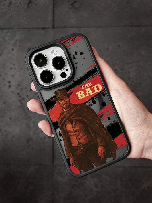 A person&#39;s hand holding a phone case featuring an illustration of a character from the movie &quot;The Good, the Bad&quot;.