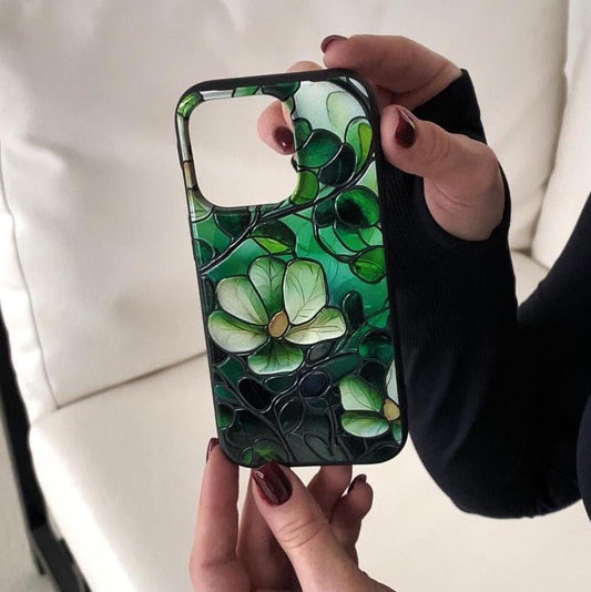 Stained Glass Flower iPhone 16 pro max Case, Artistic Floral Phone Cover for iPhone 15 with MagSafe, Green Flower Custom Case S24 FE S25