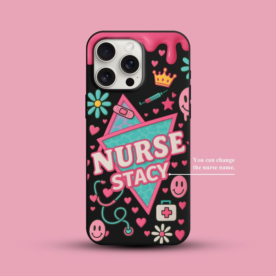 Cute Nurse iPhone 16 Pro Max Case, Personalized Nurse Name Phone Cover for iPhone 15 with MagSafe, Fun Medical Gift Custom Case