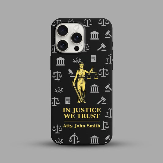 Custom Lawyer iPhone 16 Pro Max Case, Justice Quote Phone Cover for iPhone 15 with MagSafe, Personalized Attorney Name Gift Case