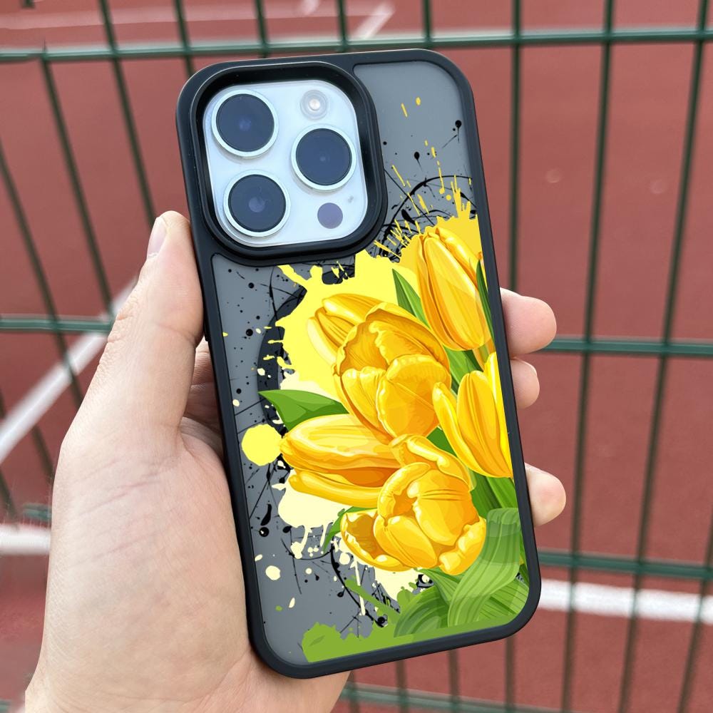 Yellow Tulip Art iPhone 16 Pro Max Case, Abstract Floral Cover for iPhone 15 with MagSafe, Colorful Flower iPhone Case Samsung S24 FE S25