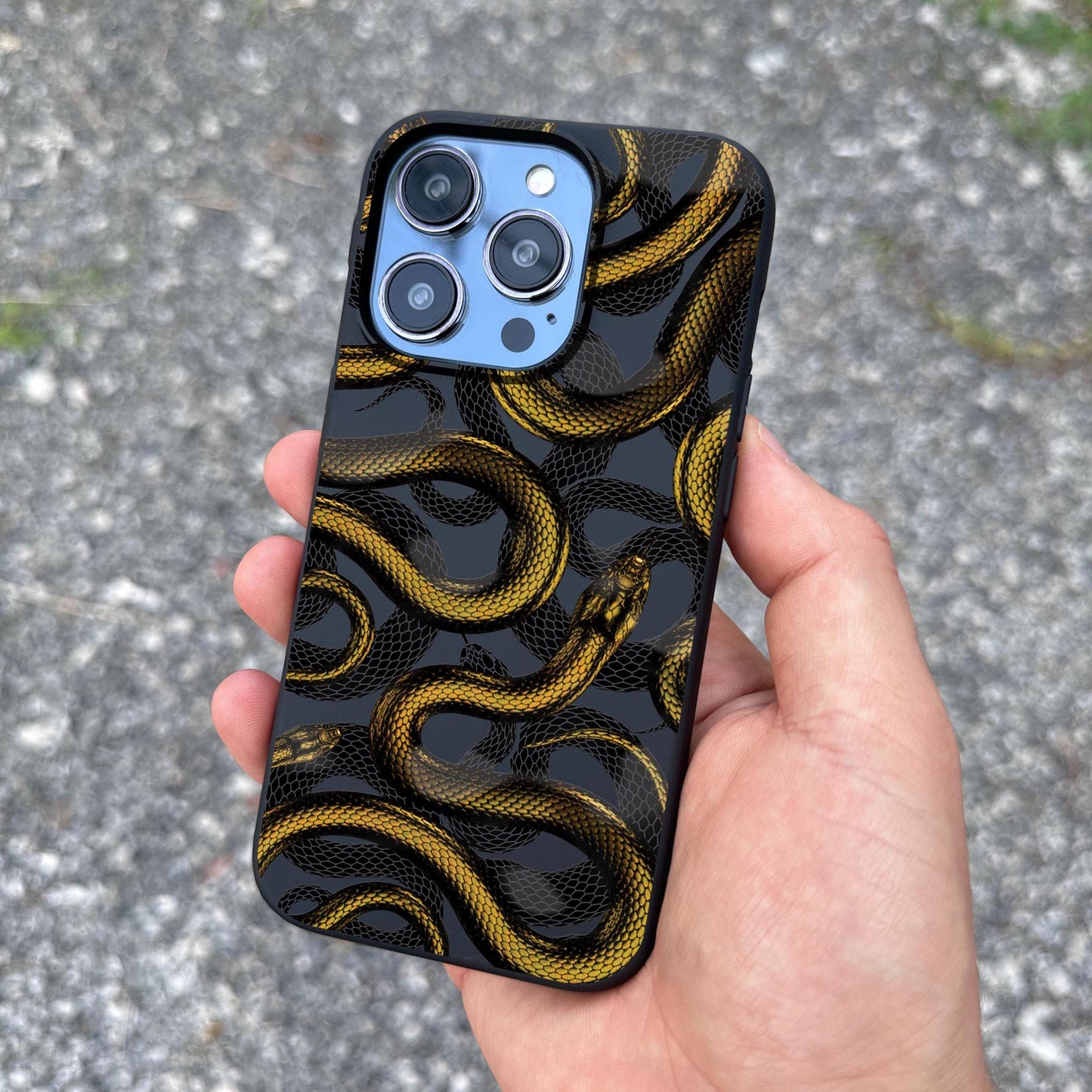 Golden Snake iPhone 16 Pro Max Case, Serpent Art Phone Cover for iPhone 15 with MagSafe, Luxurious Reptile Design