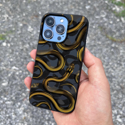 Golden Snake iPhone 16 Pro Max Case, Serpent Art Phone Cover for iPhone 15 with MagSafe, Luxurious Reptile Design