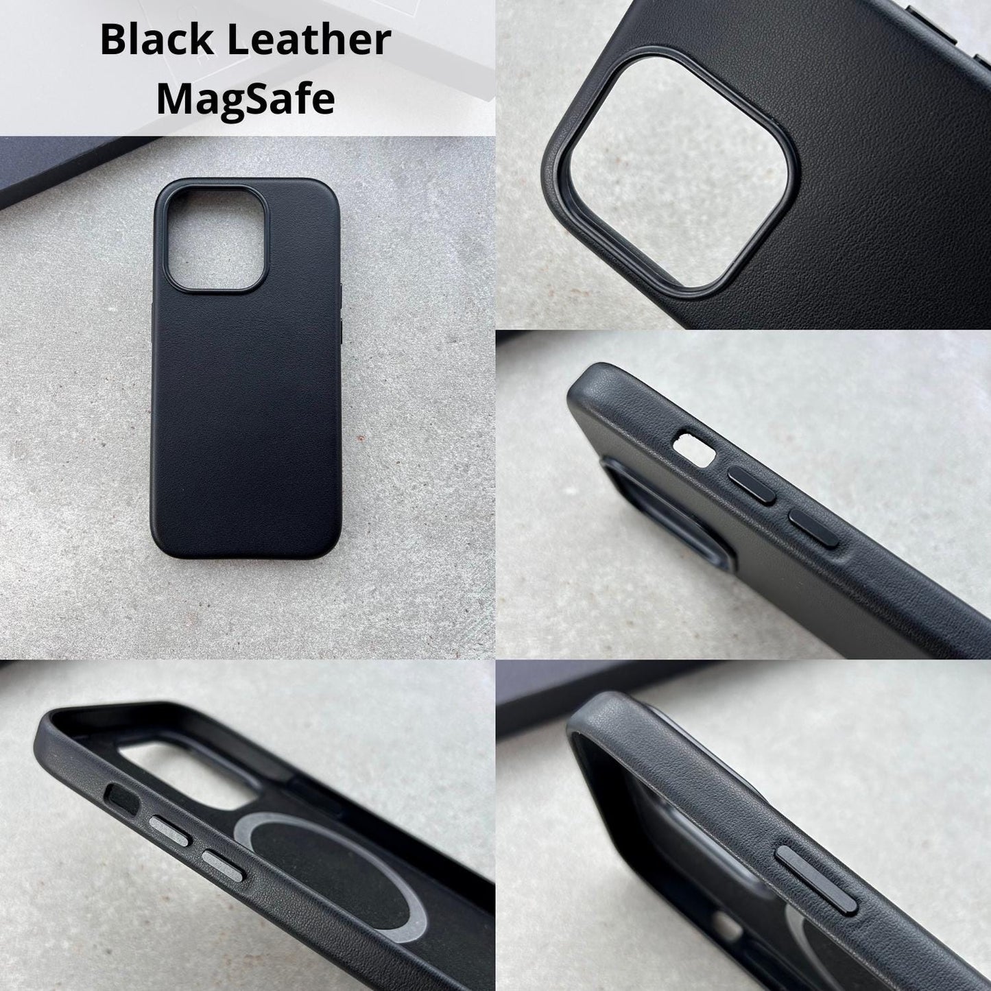a series of photos showing different angles of a black leather case
