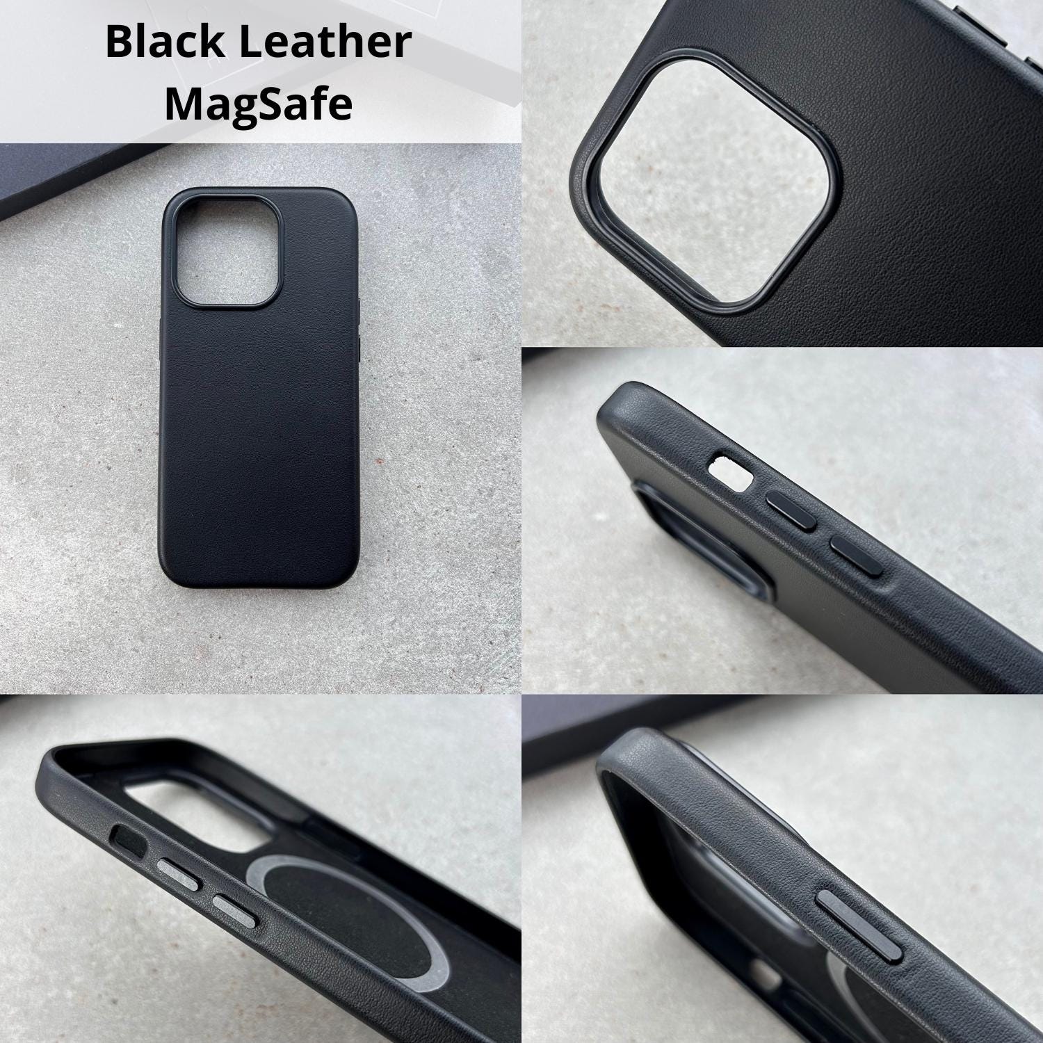 a series of photos showing different angles of a black leather case