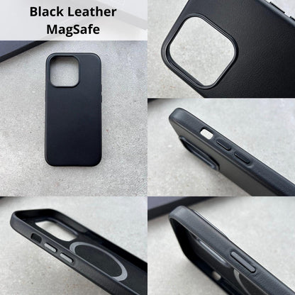 a series of photos showing different angles of a black leather case