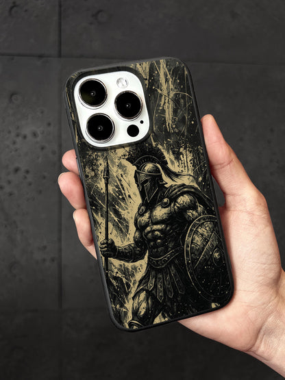 a hand holding a phone case with a picture of a knight