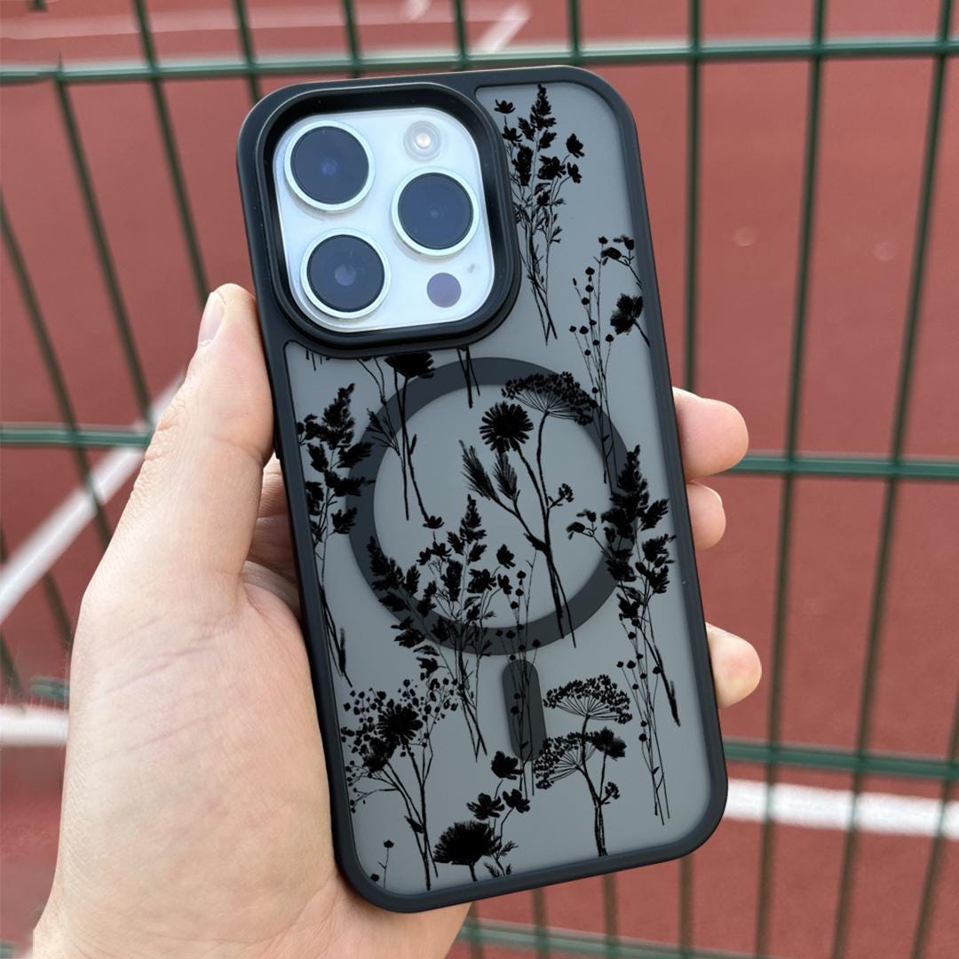 Black Wild Flower iPhone 16 Pro Max Case, Transparent Black Floral Phone Cover for iPhone 15 with MagSafe Samsung S24 FE S25 Case