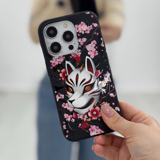 Animal Mask iPhone 16 Pro Max Case, Japanese Art Phone Cover for iPhone 15 with MagSafe, Floral Kitsune Custom Case
