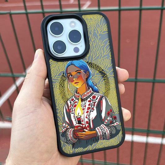 Ukrainian Candle Girl iPhone 16 Pro Max Case, Ethnic Art Phone Cover for iPhone 15 with MagSafe, Custom Folk Design Case