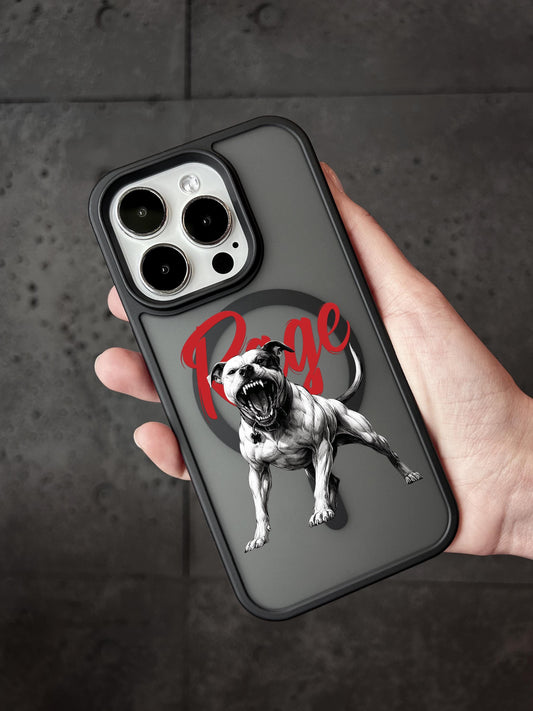 A person&#39;s hand holding a phone case with a graphic of a dog and the word &quot;Page&quot; printed on it.
