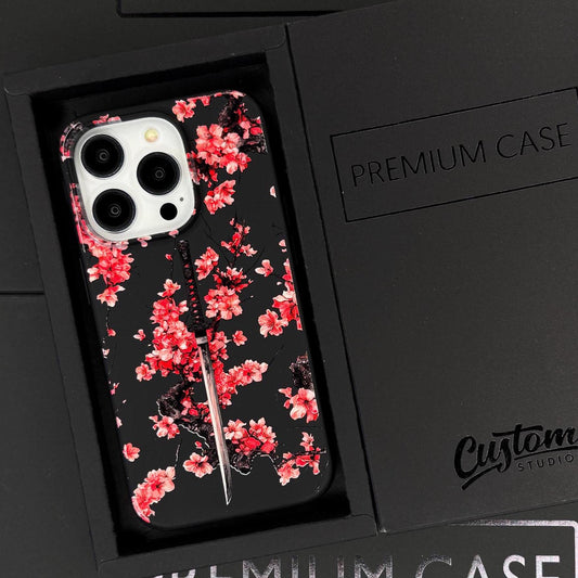 Samurai Sakura Sword iPhone 16 pro max Case, Japanese Art Phone Cover for iPhone 15 with MagSafe, Cherry Blossom Custom Case