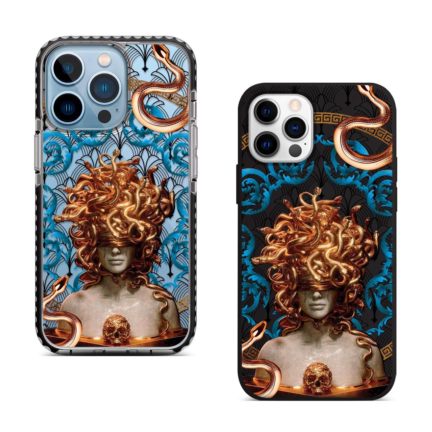 Golden Medusa iPhone 16 Pro Max Case, Mythical Art Phone Cover for iPhone 15 with MagSafe, Artistic Snake Design Custom Case S24 FE S25